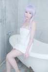bathroom bathtub cleavage cosplay danganronpa kirigiri_kyouko kirigiri_to_celestia_san_danganronpa lechat pantyhose purple_hair sheer_legwear towel rating:Safe score:0 user:nil!
