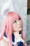 animal_ears blouse bunny_ears cosplay cuffs kurasaka_kururu kurousagi mondaiji-tachi_ga_isekai_kara_kuru_sou_desu_yo? pink_eyes pink_hair rating:Safe score:0 user:pixymisa