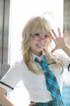 ahoge blonde_hair blouse cosplay glasses hoshii_miki idolmaster nakamura_sherii pleated_skirt school_uniform skirt tie rating:Safe score:1 user:nil!