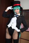 aqua_hair black_legwear bodysuit cosplay dress_shirt fishnet_pantyhose gloves hatsune_miku headset miracle_paint_(vocaloid) necoco necosmo pantyhose ponytail project_diva thighhighs top_hat tuxedo_jacket twintails vocaloid rating:Questionable score:4 user:nil!