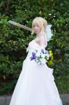 blonde_hair cosplay fate/series fate/stay_night fingerless_elbow_gloves maropapi saber sword veil wedding_gown rating:Questionable score:0 user:nil!