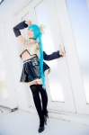 aqua_hair black_legwear cosplay croptop detached_sleeves hairbow hatsune_miku mashiro_yuki pleated_skirt ponytail project_diva skirt thighhighs vocaloid zettai_ryouiki rating:Safe score:0 user:nil!