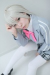 blazer blouse bowtie cosplay green_eyes haiyore!_nyaruko-san maitako nyaruko pleated_skirt skirt thighhighs white_hair rating:Safe score:0 user:pixymisa