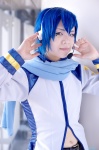 blue_hair coat cosplay crossplay default_costume kaito kanayo microphone midriff scarf trousers vocaloid rating:Safe score:1 user:nil!