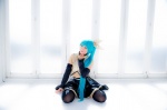 aqua_hair black_legwear cosplay croptop detached_sleeves hairbow hatsune_miku mashiro_yuki pleated_skirt ponytail project_diva skirt thighhighs vocaloid zettai_ryouiki rating:Safe score:0 user:nil!