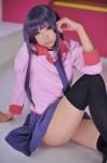 bakemonogatari blouse cosplay necoco pleated_skirt purple_hair school_uniform senjougahara_hitagi skirt thighhighs tie zettai_ryouiki rating:Safe score:2 user:nil!