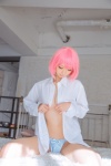 bed cleavage cosplay dress_shirt mike momo_velia_deviluke open_clothes panties pink_hair shinkon_keikaku to_love-ru rating:Safe score:3 user:nil!