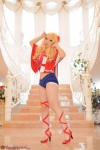 blonde_hair cosplay croptop deep_rabbit macross macross_frontier macross_frontier:_itsuwari_no_utahime saku shawl sheryl_nome shorts rating:Safe score:0 user:nil!