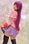 bakemonogatari cosplay pleated_skirt purple_hair reco school_uniform senjougahara_hitagi skirt skirt_lift thighhighs tie zettai_ryouiki rating:Safe score:0 user:pixymisa