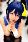 bandage blue_eyes blue_hair chuunibyou_demo_koi_ga_shitai! cosplay hairbow swimsuit takanashi_rikka thighhighs yuihara_hinase rating:Safe score:2 user:pixymisa