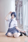 ahoge blouse blue_hair cosplay idolmaster_2 kneesocks miura_azusa pleated_skirt school_uniform skirt so-da tie rating:Safe score:0 user:nil!