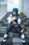 bikini blue_hair boots choker cosplay detached_sleeves dizzy guilty_gear hairbow pantyhose swimsuit tachibana_remika tail thighhighs wings rating:Safe score:1 user:nil!