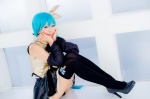 aqua_hair black_legwear cosplay croptop detached_sleeves hairbow hatsune_miku mashiro_yuki pleated_skirt ponytail project_diva skirt thighhighs vocaloid zettai_ryouiki rating:Safe score:0 user:nil!