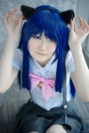 animal_ears bell blouse blue_hair bow cat_ears cosplay furude_rika higurashi_no_naku_koro_ni nanaki pink_eyes pleated_skirt skirt suspenders rating:Safe score:1 user:pixymisa