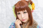 cosplay flower fruit haori hazel_eyes maiko_(ii) original red_hair twin_buns rating:Safe score:0 user:pixymisa