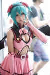 aqua_hair cleavage cosplay dress elbow_gloves fingerless_gloves gloves hatsune_miku headset project_diva ryuga vocaloid wings world_is_mine_(vocaloid) rating:Safe score:4 user:nil!