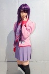 akihabara_azunyan bakemonogatari cosplay pleated_skirt purple_hair school_uniform senjougahara_hitagi skirt thighhighs tie zettai_ryouiki rating:Safe score:0 user:pixymisa