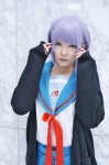 cardigan cosplay glasses nagato_yuki pleated_skirt purple_hair sailor_uniform school_uniform skirt suzumiya_haruhi_no_yuuutsu yukise_haru rating:Safe score:0 user:nil!