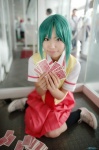 blouse cards cosplay green_hair higurashi_no_naku_koro_ni ibara miniskirt pleated_skirt school_uniform skirt socks sonozaki_mion tie vest rating:Safe score:0 user:nil!