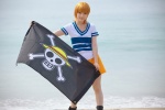 beach boots cosplay flag kuuya miniskirt nami_(one_piece) ocean one_piece orange_hair skirt tshirt rating:Safe score:0 user:nil!