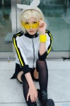 blonde_hair boots chamaro cosplay hairbow hair_clips kagamine_rin kuusou_palette_(vocaloid) shorts thighhighs track_jacket visor vocaloid rating:Safe score:1 user:nil!