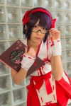 apron cosplay crosscrossplay cuffs dress glasses hairband hairbows looking_over_glasses menu mizu_komizu otoko_no_ko_wa_meido_fuku_ga_osuki!? purple_hair red_eyes tomo_(otosuki) rating:Safe score:0 user:pixymisa
