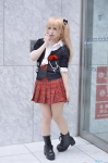 blonde_hair blouse boots cardigan cosplay danganronpa enoshima_junko pantyhose pleated_skirt rissu school_uniform sheer_legwear skirt tie twintails rating:Safe score:1 user:nil!