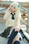 blonde_hair blouse boku_wa_tomodachi_ga_sukunai cosplay kashiwazaki_sena kneesocks miiko pantyhose pleated_skirt school_uniform skirt rating:Safe score:5 user:nil!