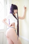ass bikini cosplay croptop ikkitousen kanu_unchou kibashi ponytail purple_hair side-tie_bikini swimsuit tshirt rating:Safe score:3 user:nil!