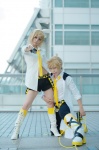 blonde_hair blouse boots cosplay crossplay dress_shirt gun hairbow hatomune hoodie kagamine_len kagamine_rin shorts souki_ryou tagme_song tie trousers vocaloid rating:Safe score:1 user:nil!