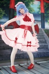 blue_hair cosplay dress dress_lift gero_gohan hat pantyhose remilia_scarlet touhou wings rating:Safe score:3 user:nil!