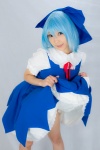 blouse blue_eyes blue_hair bow cirno cosplay dress dress_lift hairbow hair_ribbons lenfried ribbons touhou rating:Safe score:1 user:msgundam2