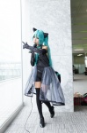 animal_ears aqua_eyes aqua_hair blouse cat_ears cosplay elbow_gloves gloves half-skirt hatsune_miku microphone ribbon_tie rubia shorts tail thighhighs twintails vocaloid rating:Safe score:0 user:pixymisa