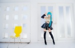 aqua_hair black_legwear cosplay croptop detached_sleeves hairbow hatsune_miku mashiro_yuki pleated_skirt ponytail project_diva skirt thighhighs vocaloid zettai_ryouiki rating:Safe score:1 user:nil!