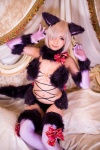 animal_ears bed blonde_hair cat_ears cleavage cosplay dangerous_beast elbow_gloves fate/grand_order fate/series gloves jill_(ii) marshmallow_beast mash_kyrielight tail thighhighs rating:Safe score:0 user:nil!