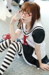 asu_no_yoichi! cosplay glasses ikaruga_chihaya looking_over_glasses nanahara_mai sailor_uniform school_uniform striped thighhighs tie rating:Safe score:2 user:nil!