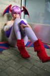 bat_wings bodysuit boots cosplay demon_girl detached_sleeves head_wings leotard lilith_aensland namada pantyhose purple_hair vampire_(game) rating:Safe score:3 user:nil!