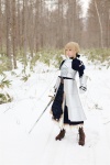 armor blonde_hair blouse boots braid cosplay fate/series fate/stay_night gauntlets kamui_arisa red_moon saber skirt sword rating:Safe score:0 user:nil!