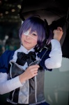 akitsu_honoka blouse blue_eyes bowtie chuunibyou_demo_koi_ga_shitai! cosplay eyepatch hairbow purple_hair side_ponytail takanashi_rikka umbrella rating:Safe score:0 user:pixymisa