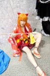 bows cosplay croptop elbow_gloves gloves hairbow hair_ribbons katana mitsuki_(ii) orange_hair original pleated_skirt sandals skirt sword twin_braids yukata rating:Safe score:0 user:pixymisa