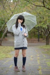 blouse braid cardigan kneesocks nanaka_amanonanae pleated_skirt rain scarf skirt umbrella rating:Safe score:0 user:pixymisa