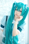 aqua_hair blouse cosplay hairbows harumiya_yun hatsune_miku shorts twintails vocaloid rating:Safe score:0 user:pixymisa