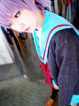 cardigan cosplay kneesocks komori_shizuku nagato_yuki pleated_skirt purple_hair sailor_uniform school_uniform skirt suzumiya_haruhi_no_yuuutsu rating:Safe score:0 user:nil!