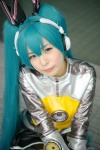 aqua_hair blouse cosplay fingerless_gloves gloves hairbows hatsune_miku headphones maitako miniskirt pleated_skirt skirt twintails vocaloid rating:Safe score:1 user:pixymisa