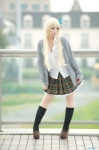 blonde_hair blouse boku_wa_tomodachi_ga_sukunai cardigan cleavage cosplay kashiwazaki_sena kneesocks miiko pleated_skirt school_uniform skirt rating:Safe score:2 user:nil!