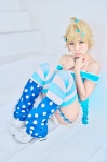 blonde_hair blue_eyes bow cosplay dress hakuhi_kaede kagamine_len leggings pettipants polka_dots striped thighhighs vocaloid rating:Safe score:0 user:pixymisa