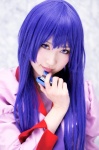 bakemonogatari blouse cosplay hiokichi purple_eyes purple_hair senjougahara_hitagi tie rating:Safe score:2 user:pixymisa