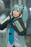 aqua_hair blouse cosplay detached_sleeves hatsune_miku headset maitako tie twintails vocaloid rating:Safe score:1 user:pixymisa