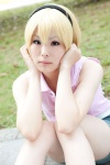 blonde_hair cosplay hairband higurashi_no_naku_koro_ni houjou_satoko polo_shirt ryuuka shorts sleeveless rating:Safe score:0 user:pixymisa