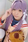 blazer botan_(clannad) clannad cosplay fujibayashi_kyou pleated_skirt purple_hair sailor_uniform school_uniform shion_akira skirt stuffed_animal thighhighs zettai_ryouiki rating:Safe score:0 user:nil!